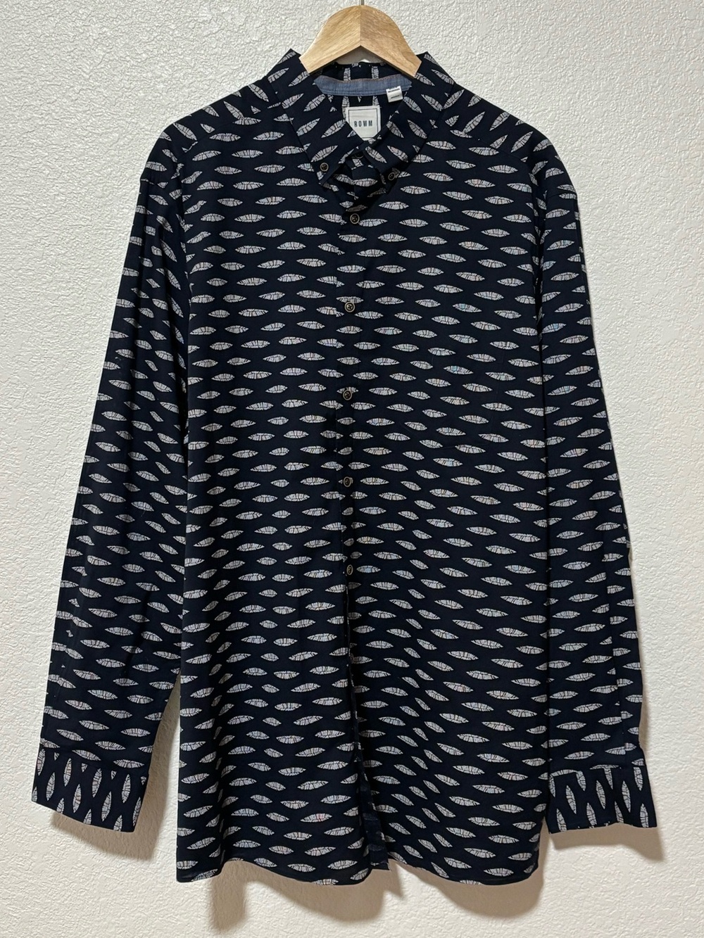 ROWM Men’s 2XT Tall Navy Feather Print Long Sleeve Button Down Cotton
